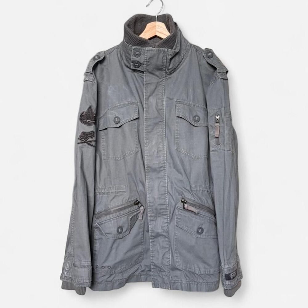 Y2K Fox Racing grey military style utility jacket throat latch band collar patch